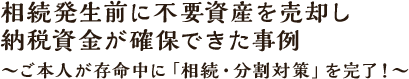 相続発生前に不要資産を売却し納税資金が確保できた事例～ご本人が存命中に「相続・分割対策」を完了！～